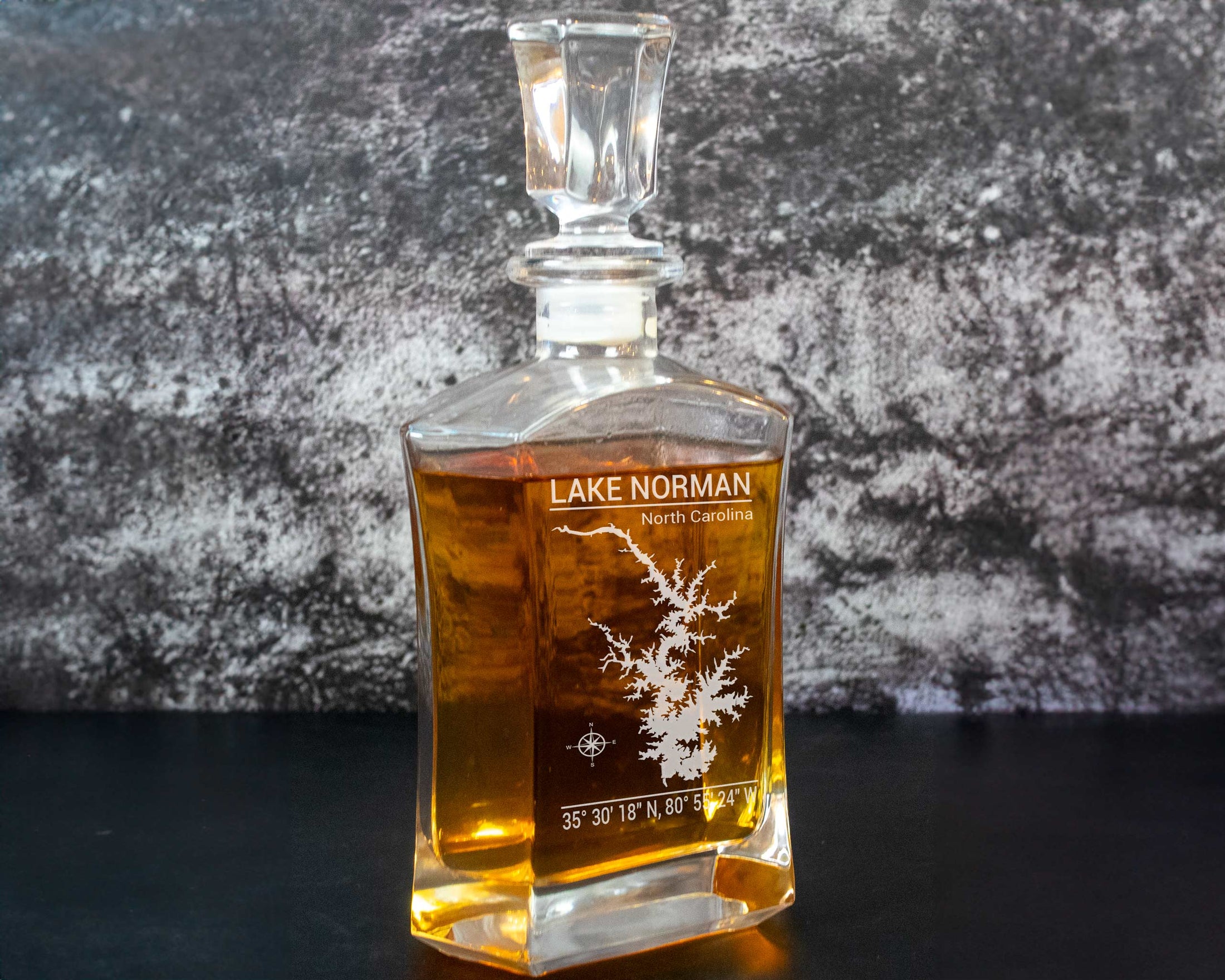 Whiskey Decanter shown with a lake engraved