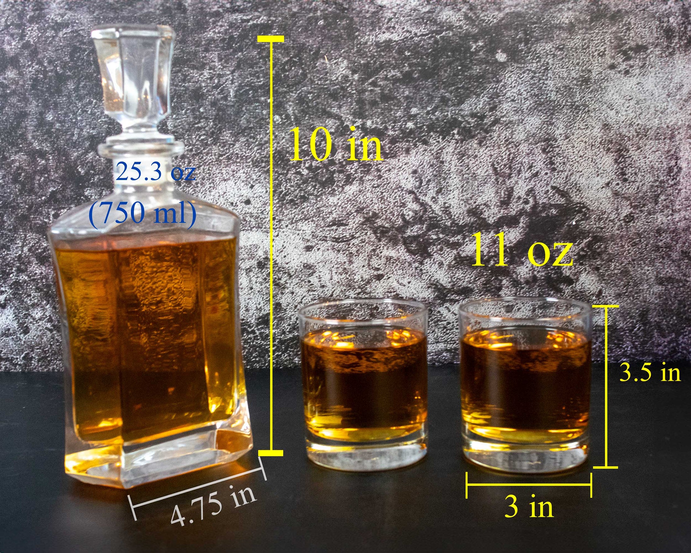 Decanter and Glasses with capacity and measurements