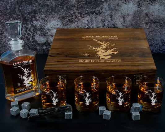 Engraved Whiskey Decanter with 4 glasses and whiskey stones in a beautiful engraved wooden box
