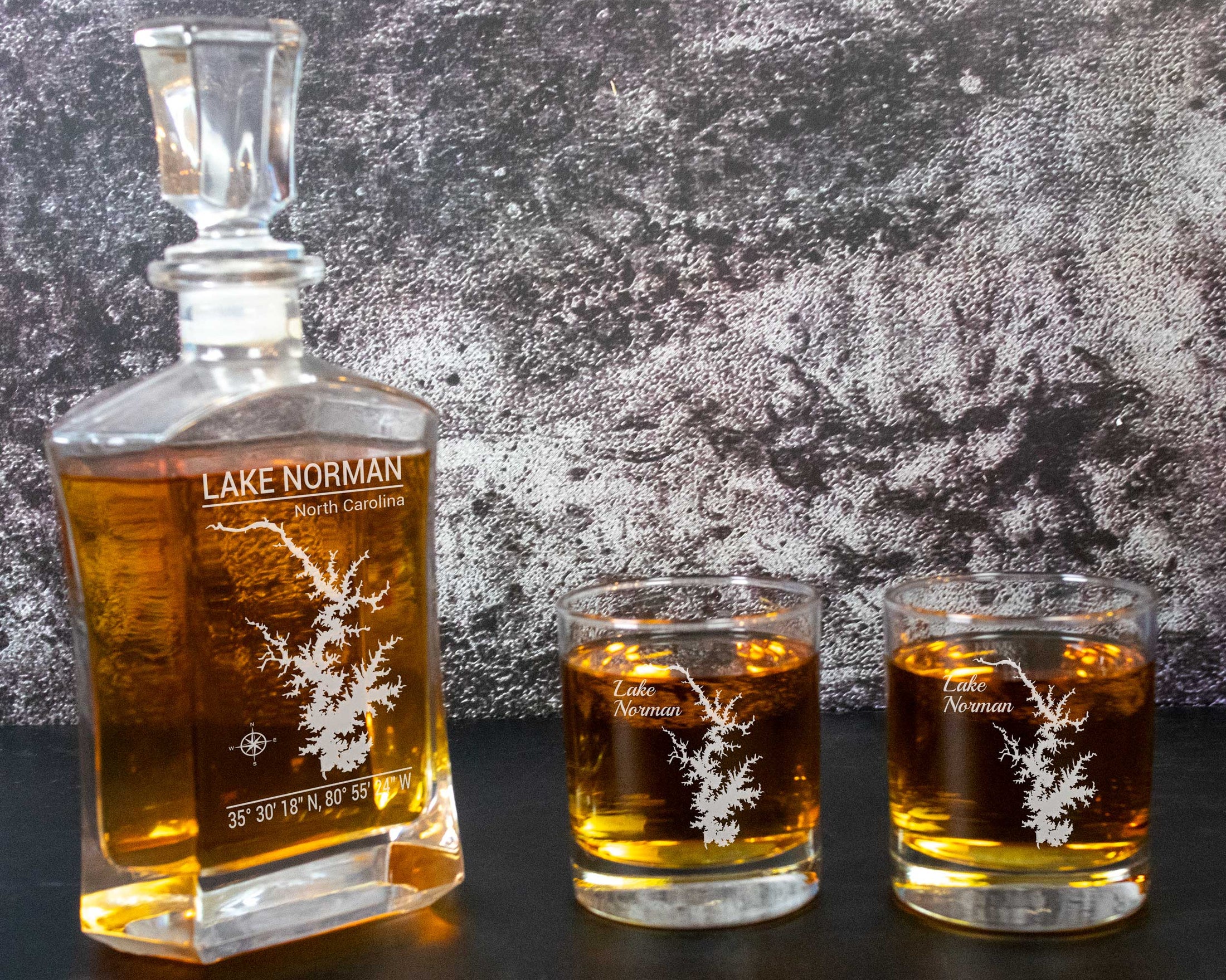 Whiskey Decanter and 2 Whiskey glasses engraved with a custom lake map