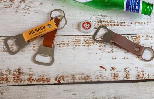 Personalized Leather Keychain Beer Bottle Opener Gifts for Him Light Tan 
