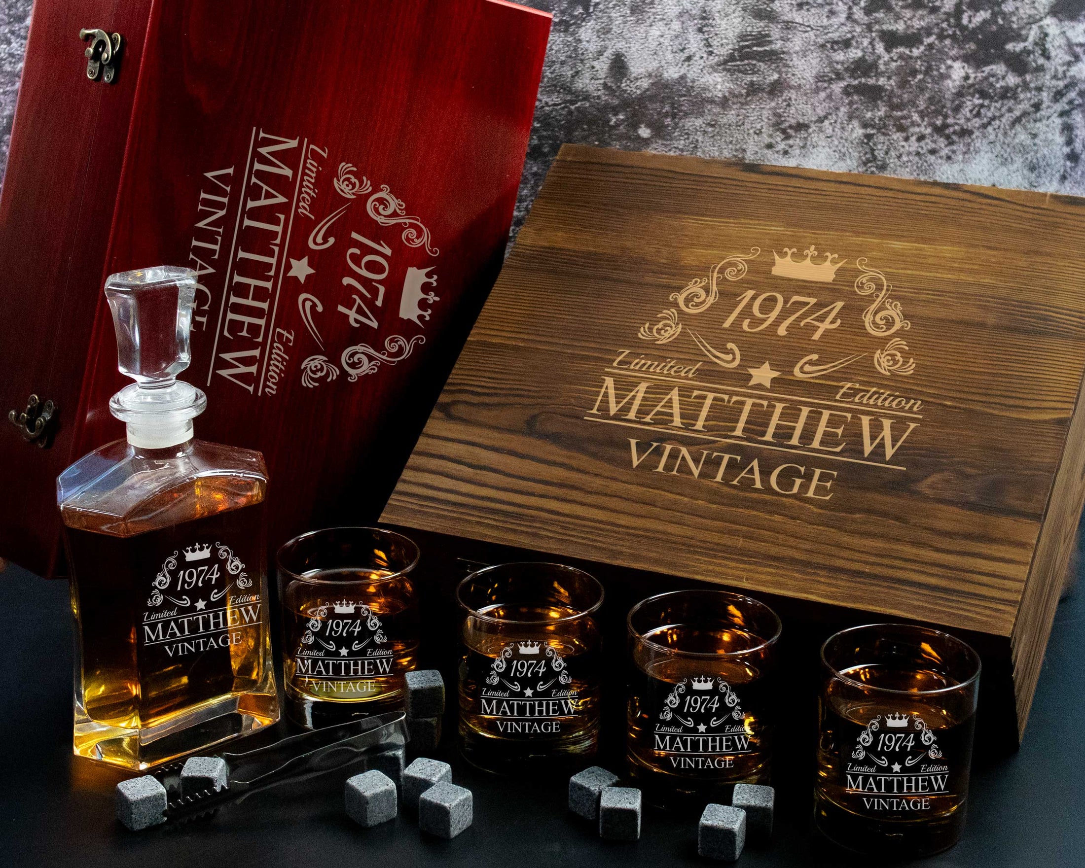 Birthday Engraving - Custom Whiskey Decanter Gift Set in a Wood Box