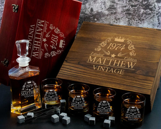 Birthday Engraving - Custom Whiskey Decanter Gift Set in a Wood Box
