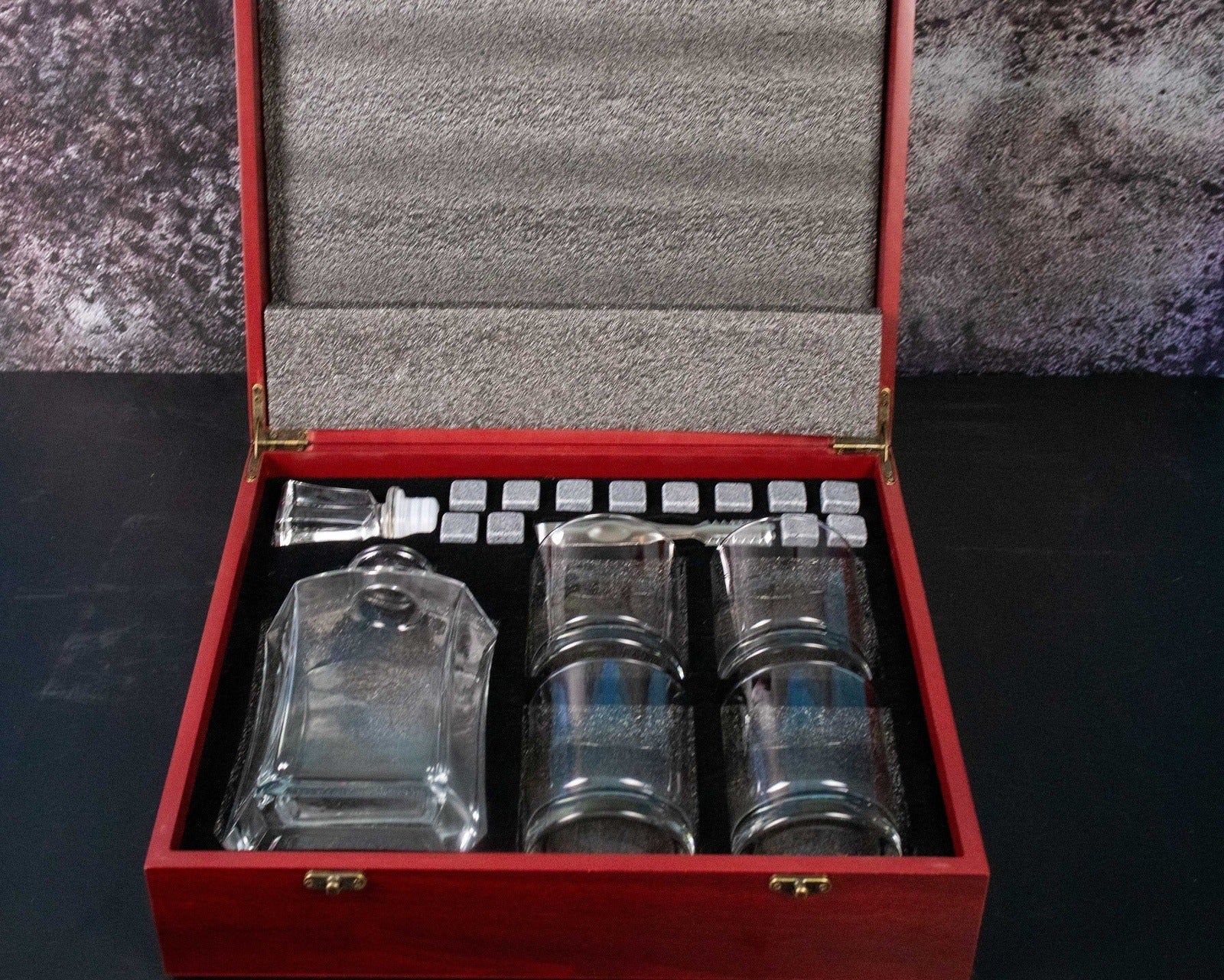 Housewarming Gift - Whiskey  Decanter, 4 Glasses, and Whiskey Stones in Wood Gift Box