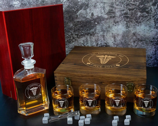 Doctor Gift - Personalized Engraved Whiskey Decanter and 4 Glasses in a  Wood Box Set