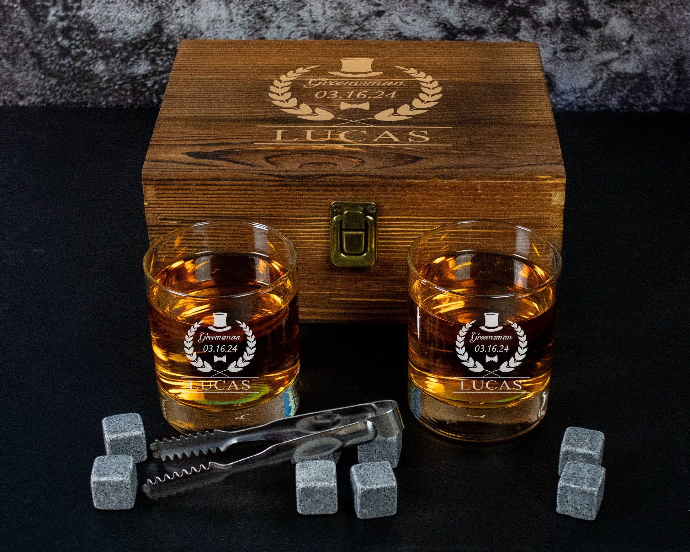 Groomsman Proposal Box Including 2 Whiskey Glasses and Whiskey Stones