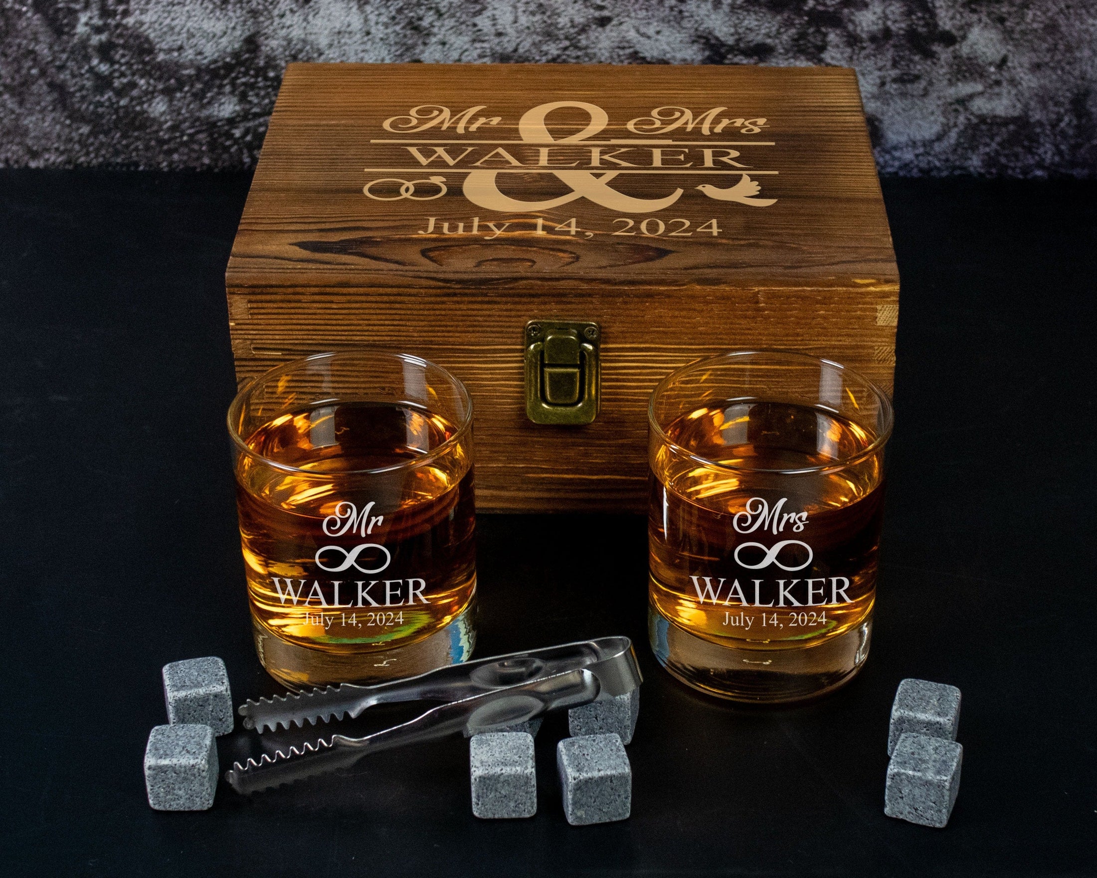 Personalized Mr and Mrs Whiskey Glasses in a Wood Box