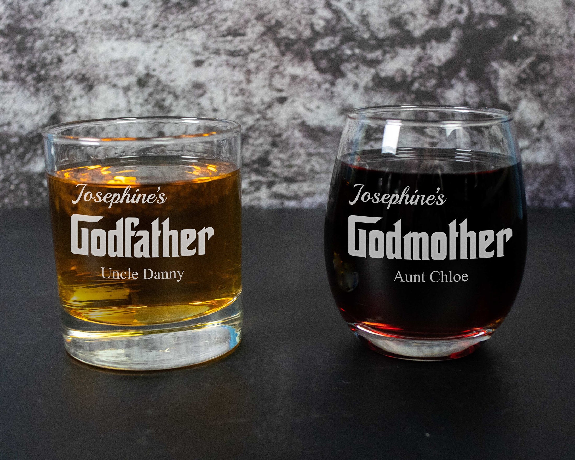 Godparents Proposal - Whiskey and Wine Glass in Wood Gift Box