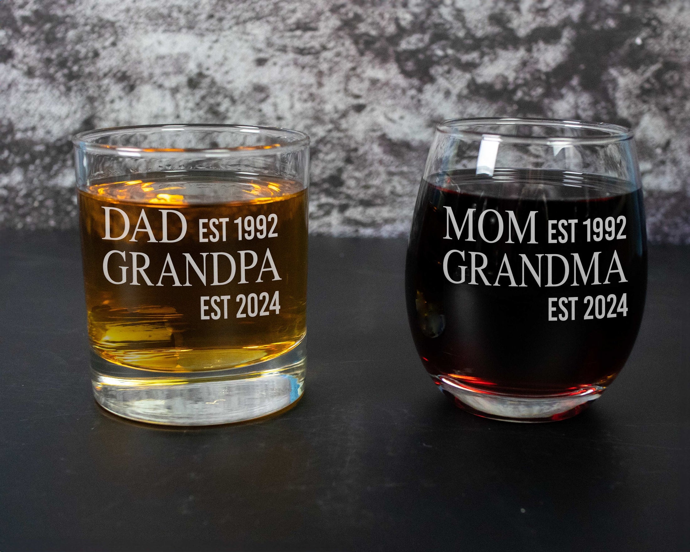 Grandparents - Pregnancy Announcement - Whiskey and Wine Glass in a Wood Gift Box