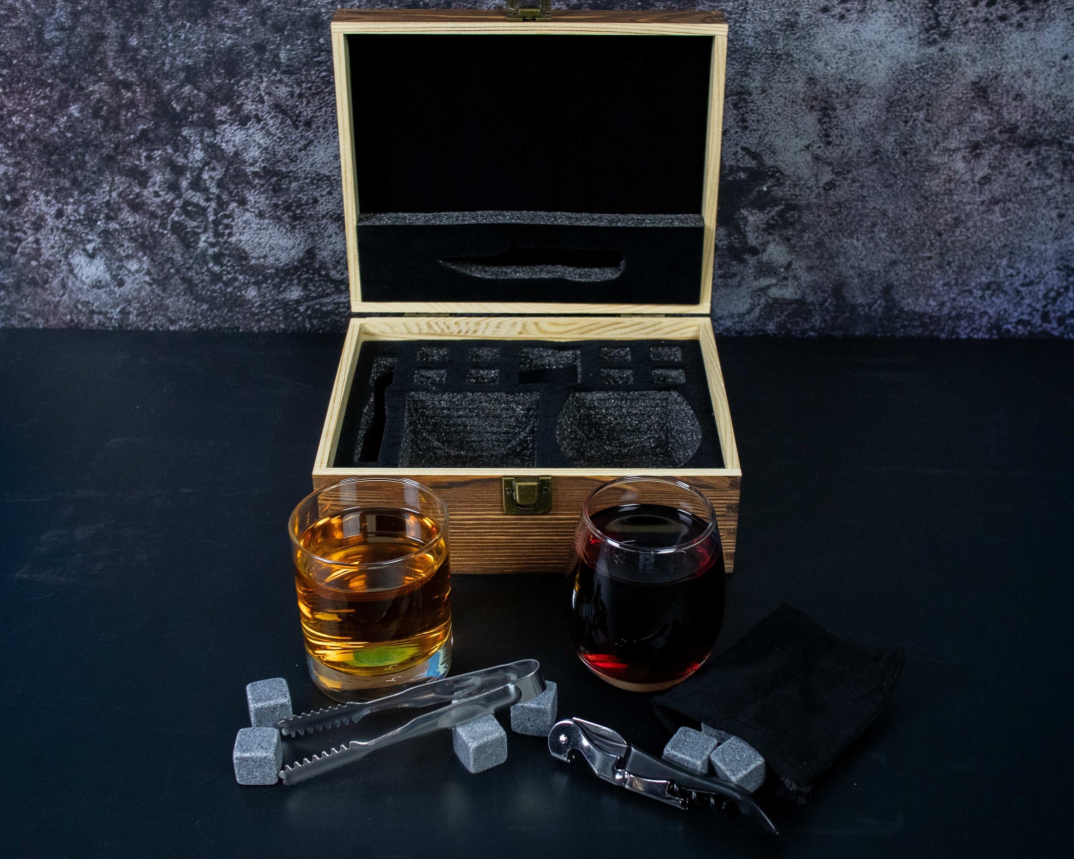 Mr and Mrs Whiskey and Wine Glass Gift Set in Engraved Wooden Box