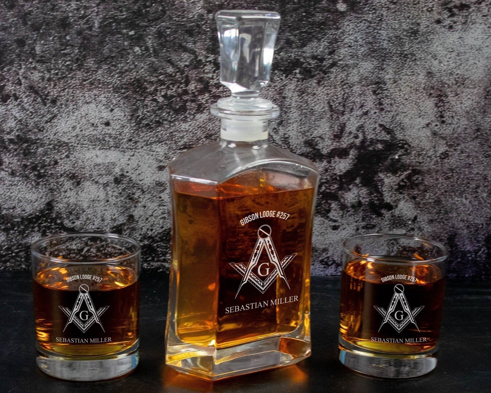 Freemason Personalized Whiskey Decanter Set in a Wood Gift Box