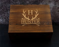 Load image into Gallery viewer, Deer Hunter Personalized Whiskey Decanter Set and 4 Glasses in Wood Gift Box
