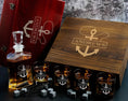 Load image into Gallery viewer, Personalized Anchor Engraved Whiskey Decanter Set with 4 Glasses, and Whiskey Stones in a Wood Gift Box
