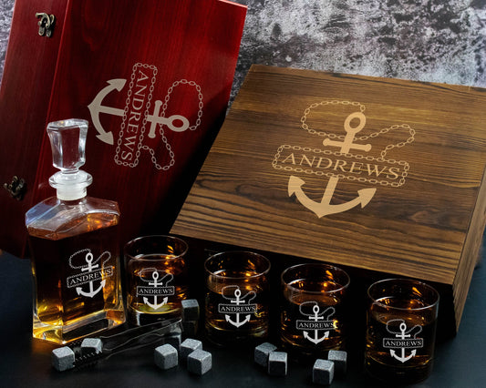 Personalized Anchor Engraved Whiskey Decanter Set with 4 Glasses, and Whiskey Stones in a Wood Gift Box