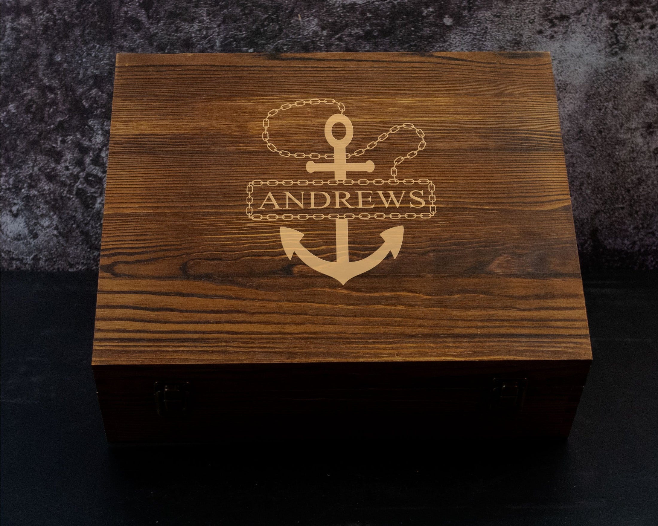 Personalized Anchor Engraved Whiskey Decanter Set with 4 Glasses, and Whiskey Stones in a Wood Gift Box