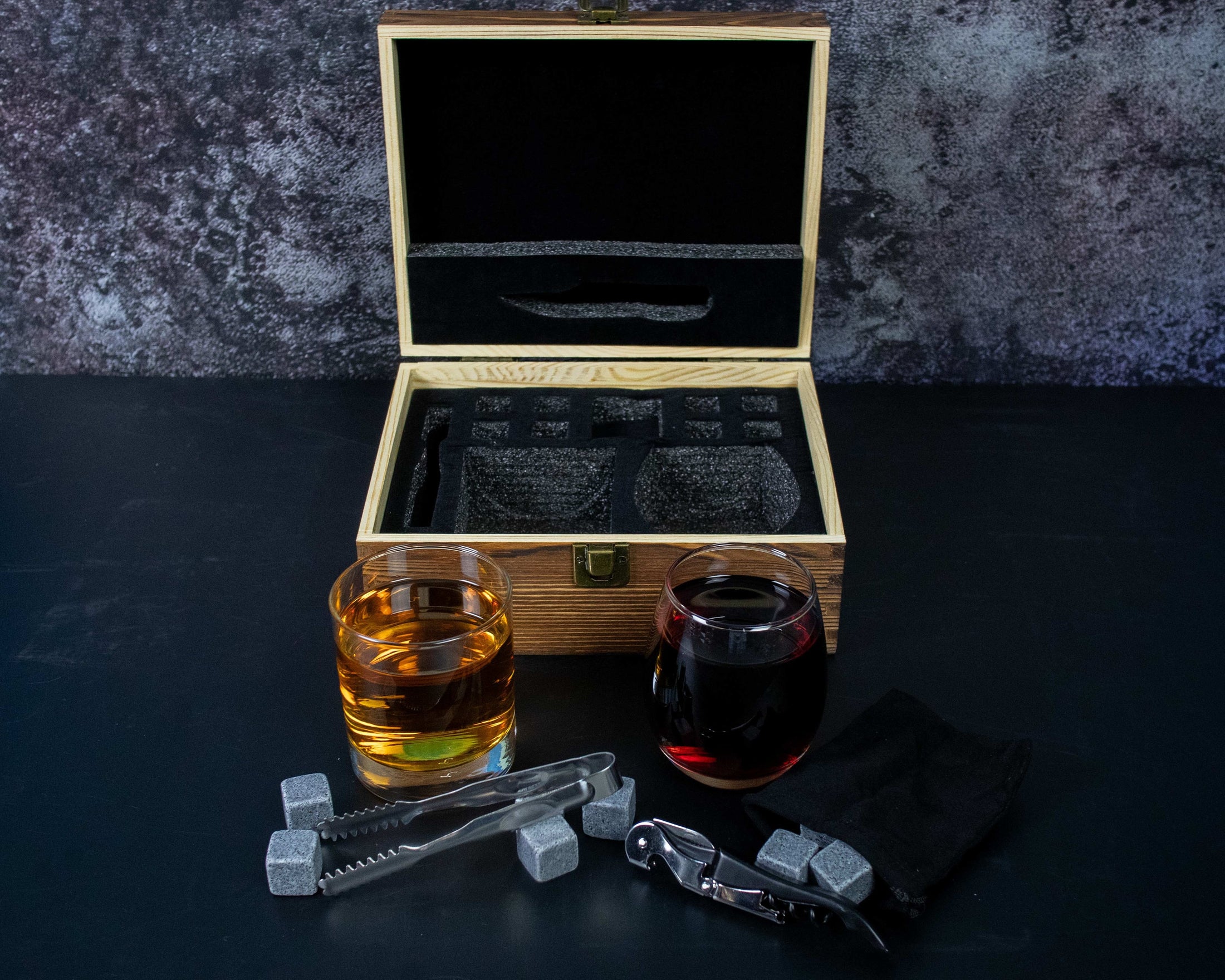 Personalized Engagement Gift -  Whiskey and Wine Glass in a Wood Box