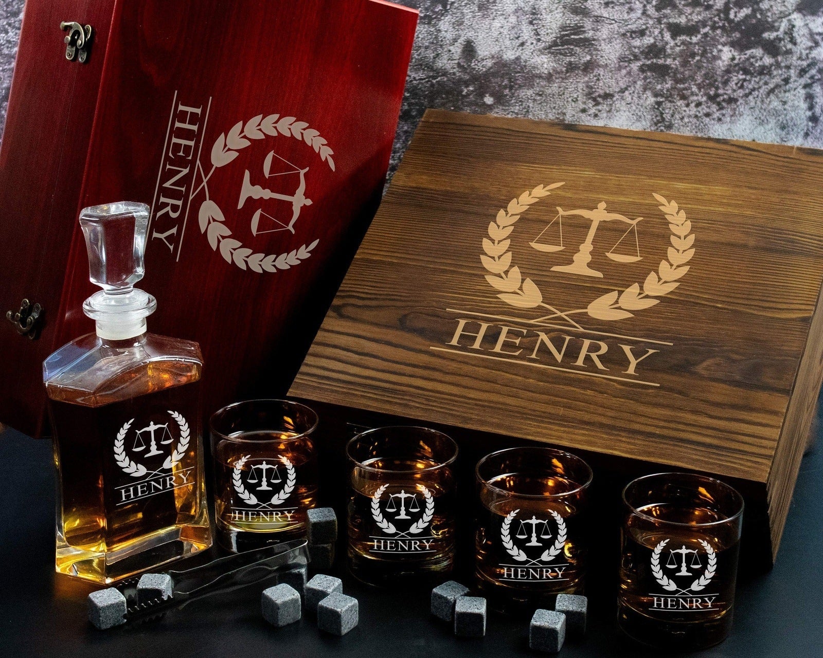 Lawyer Gift - Personalized Whiskey Decanter Gift Set in a Wood Box