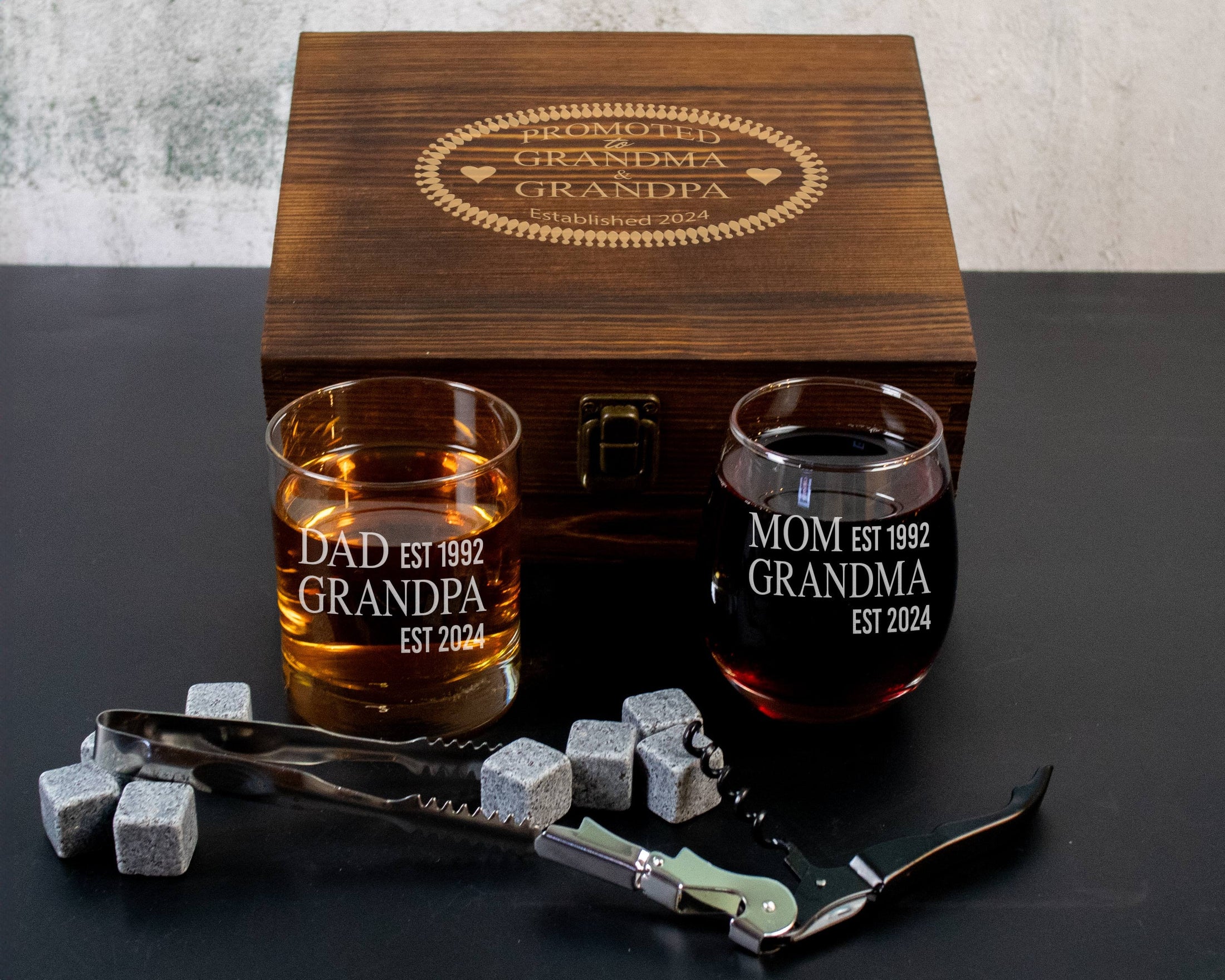 Grandparents - Pregnancy Announcement - Whiskey and Wine Glass in a Wood Gift Box