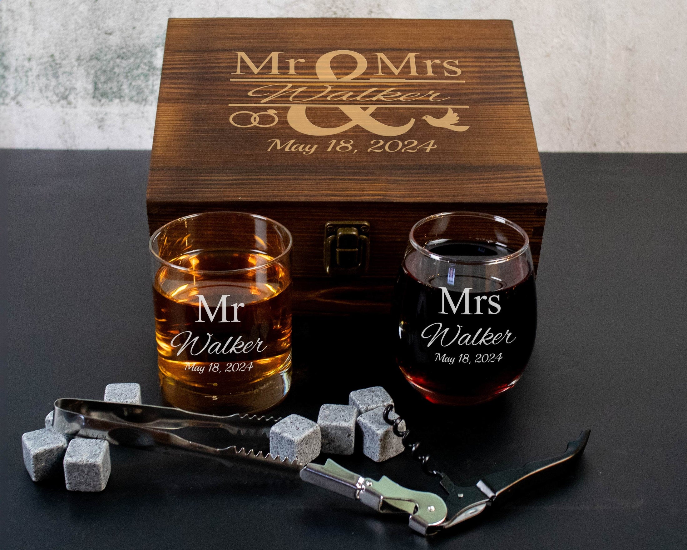 Mr and Mrs Whiskey and Wine Glass Gift Set in Engraved Wooden Box