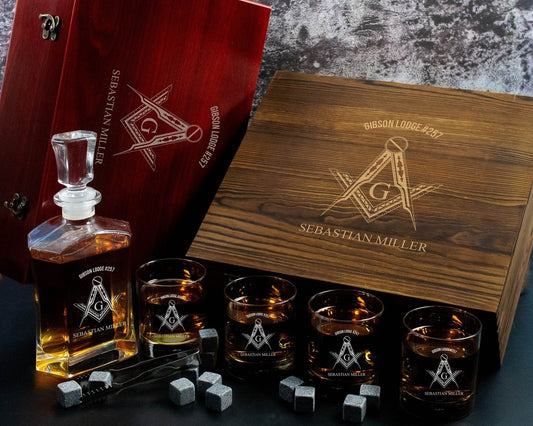 Freemason Personalized Whiskey Decanter Set in a Wood Gift Box