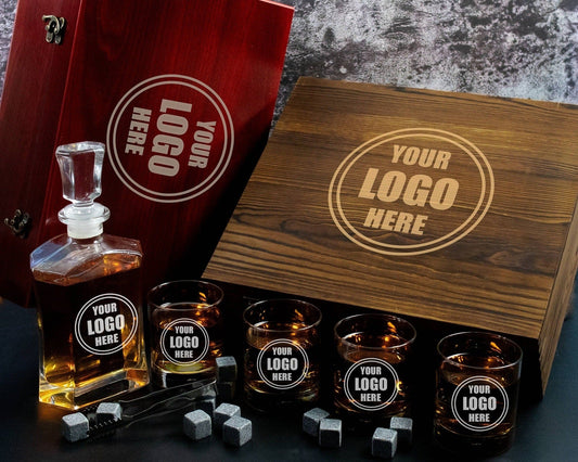 Your Company Logo on a Whiskey Decanter Gift Set in a Wood Box with Whiskey Stones