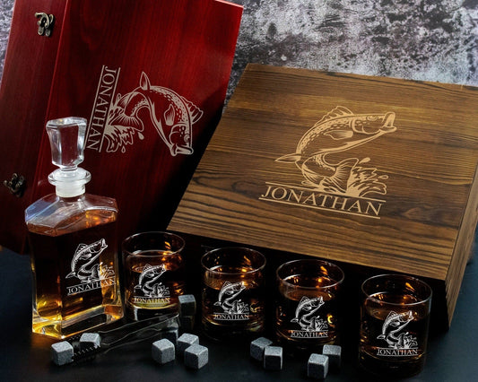 Fisherman - Personalized Whiskey Decanter Gift Set in Engraved Wooden Box