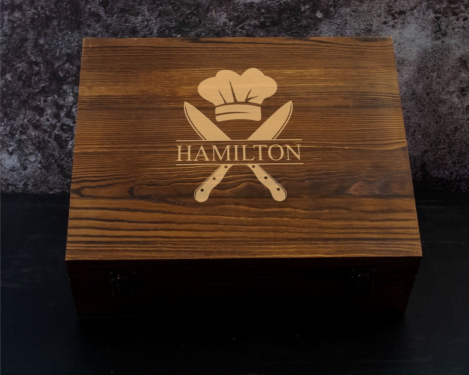 Chef Gift - Personalized Whiskey Decanter and 4 Glasses with Whiskey Stones in Wood Box