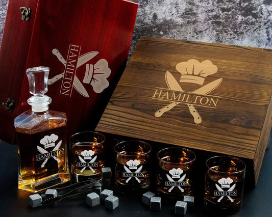 Chef Gift - Personalized Whiskey Decanter and 4 Glasses with Whiskey Stones in Wood Box