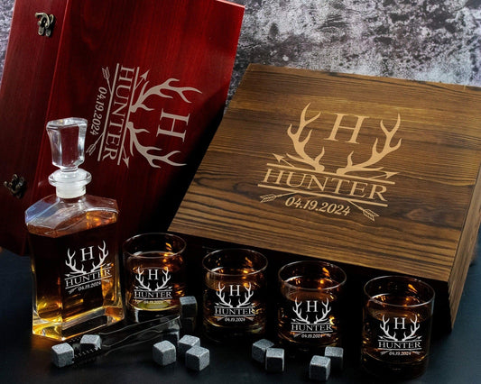 Deer Hunter Personalized Whiskey Decanter Set and 4 Glasses in Wood Gift Box