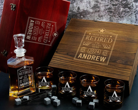 Retirement Gift Box - Engraved Whiskey Decanter Gift Set with 4 Glasses and Whiskey Stones