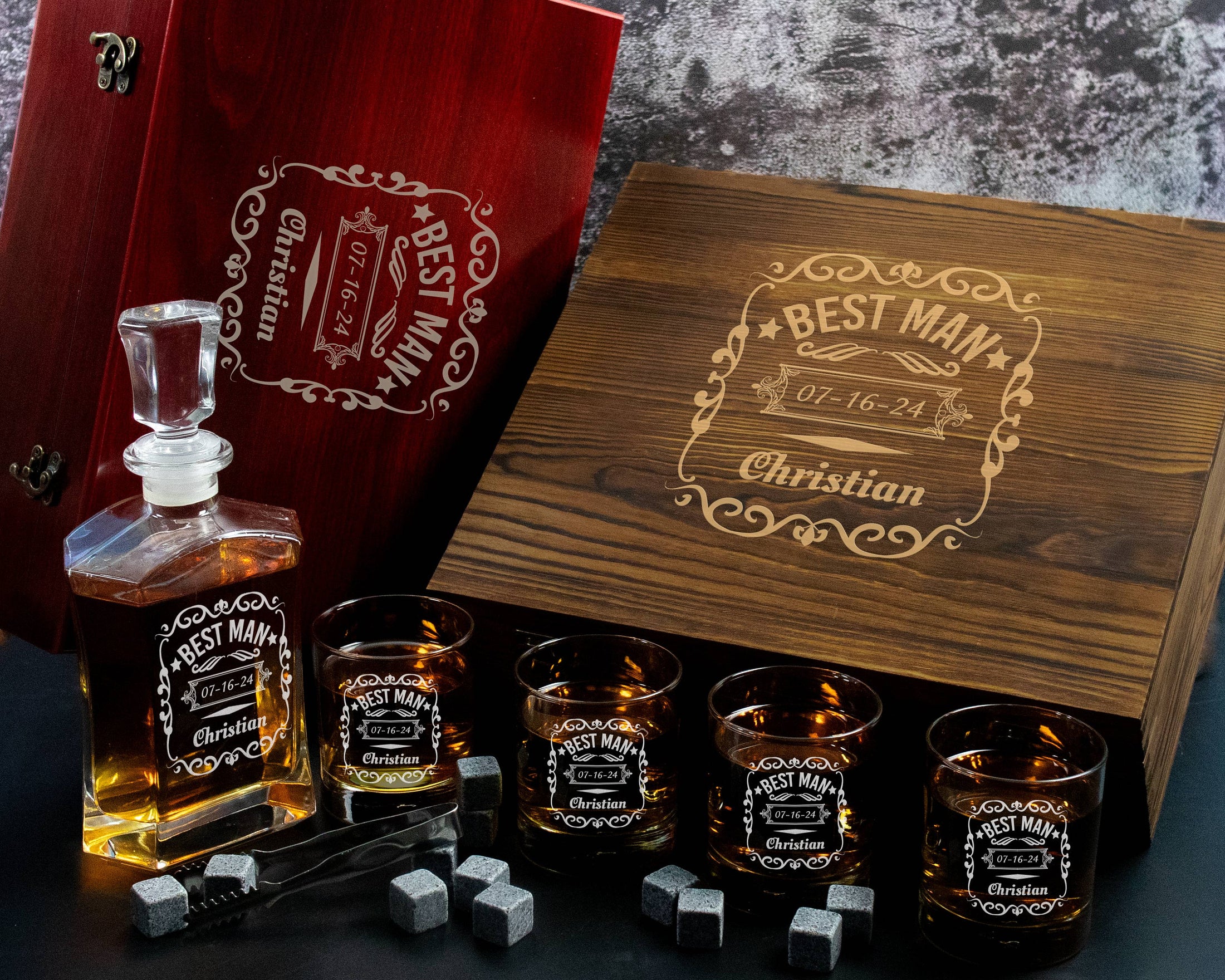 Whiskey Decanter Set with Custom Engraved Wooden Box for Best Man or Groomsman