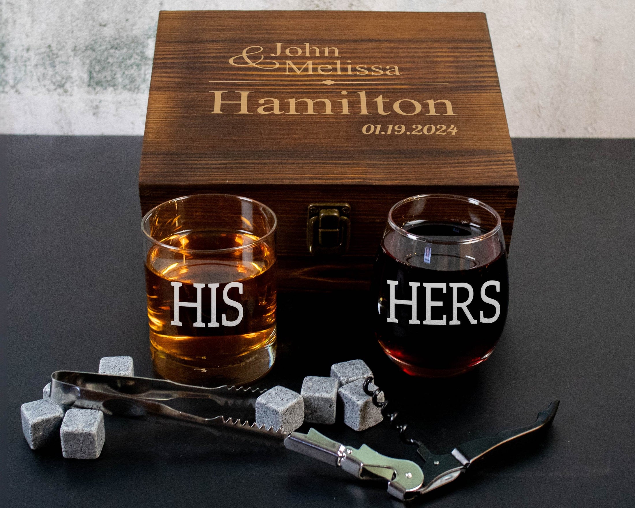 Hubby and Wifey Engraved Glasses in Wood Box